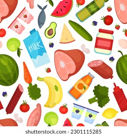 Grocery Food Seamless Pattern Design with Products Vector Template