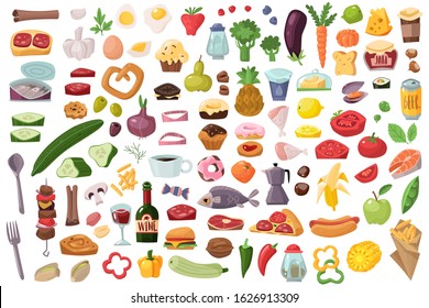 Grocery food set in cartoon flat style. Isolated objects on a white background. Nutritional value. Proteins, fats, carbohydrates. Meal products collection. Vector illustration