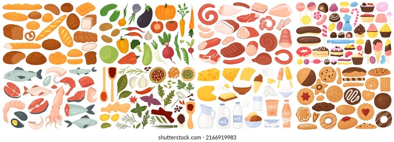 Grocery food set vector illustration. Cartoon fruit and vegetables, meat, bakery, confectionery and dairy products, colorful elements for cooking isolated on white. Supermarket list, diet plan concept