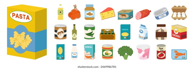 Grocery food set vector illustration. Cartoon fruit and vegetables, meat, bakery, confectionery and dairy products, colorful elements for cooking. Supermarket list, diet plan concept