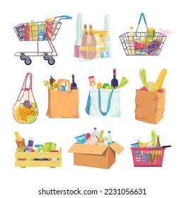 Comida de compras en cesta de tiendas, elemento de carro conjunto ilustración vectorial. Bolsas de compras para el diseño de etiquetas de compra. Embalaje de comida en la bolsa de plástico de la tienda.