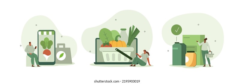 Ilustración de compras de alimentos para comestibles. Comprar personajes en línea en portátiles y smartphones con verduras orgánicas frescas y artículos de compras, poniendo cesta de compras o tranvía. Ilustración vectorial.