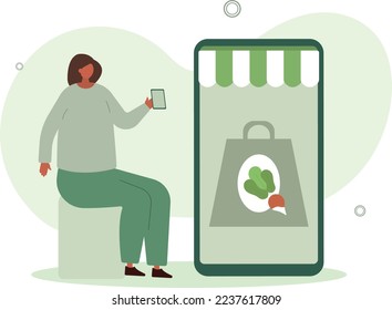 Grocery food shopping illustration.Character buying online on smartphone fresh organic vegetables and grocery items.