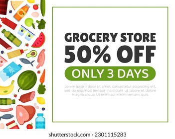 Grocery Food Store Banner Design with Products Vector Template