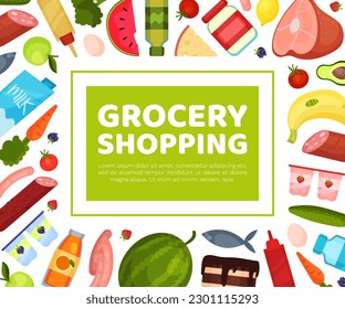 Grocery Food Store Banner Design with Products Vector Template