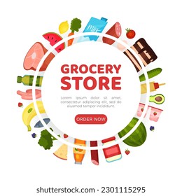 Grocery Food Store Banner Design with Products Vector Template