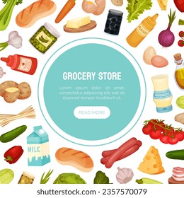 Grocery Food Store Banner Design with Market Products Vector Template