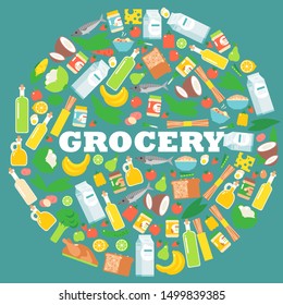 Grocery food store items in round frame composition, vector illustration. Fresh and healthy natural products, organic local farm shop. Isolated flat style icons of food, grocery shopping background