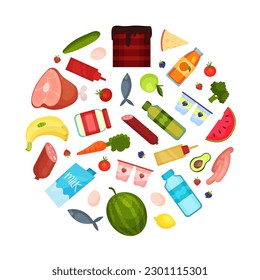 Grocery Food Store Round Composition Design with Products Vector Template