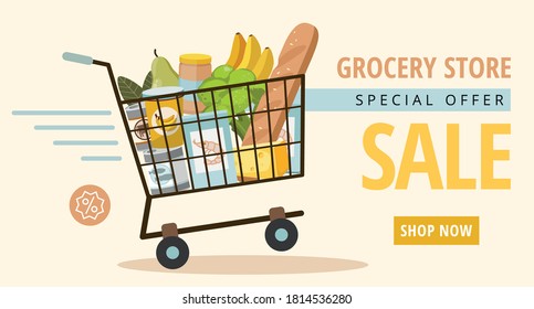 Grocery food store with shopping basket. Promotional sale banner. Vector Illustration