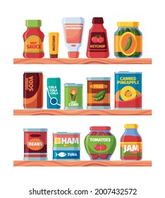 Grocery food. Supermarket canned product on shelves packages and jars with soup meal conserved fruits liquid goods garish vector cartoon pictures