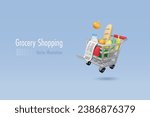 Grocery foods in shopping trolley cart with receipt bill. Online shopping, delivery service, supermarket and discount store. 3D realistic cartoon character. Vector. 