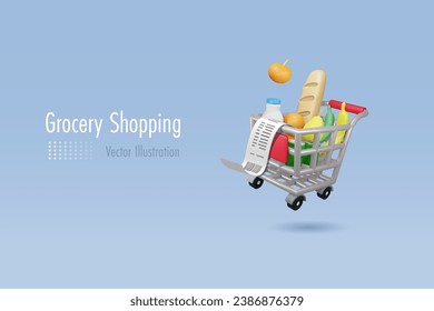 Comida y bebida en carrito de la compra con recibo. Compras en línea, servicio de entrega, supermercado y tienda de descuentos. Caricatura 3D realista. Vector. 