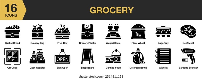 Grocery Glyph icon set. Includes barcode scanner, basket bread, beef meat, canned food, cash register, and More. Solid icons vector collection.