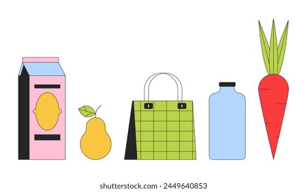 Grocery goods 2D linear cartoon objects set. Supermarket food and drink isolated line vector elements white background. Shopping bag grocery store package color flat spot illustration collection