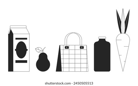 Grocery goods black and white 2D line cartoon objects set. Supermarket food and drink isolated vector outline items collection. Shopping bag grocery store package monochromatic flat spot illustrations