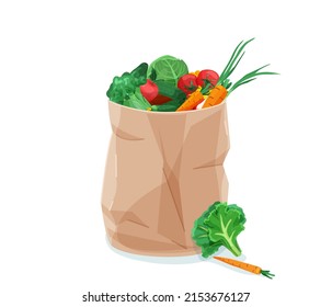 Grocery healthy food vector background. Organic vegetables and fruits in paper bag isolated on white. Natural shopping supermarket, eating concept illustration.