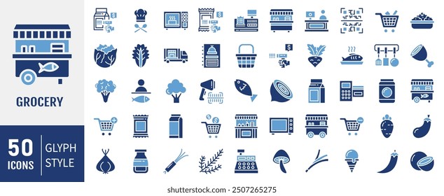 Grocery icon collection set. Containing food, meal, vegetable, fruit, seafood icon. Simple flat vector illustration