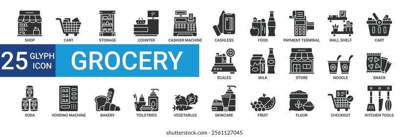 Grocery icon collection set with shop, storage, cashless, cart, checkout