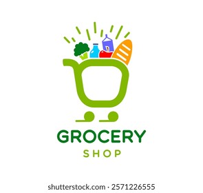 Grocery icon featuring green shopping cart filled with bread, milk box and fresh vegetables. Isolated vector emblem for supermarkets, food stores and online services symbolizes convenient shopping