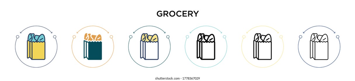 Grocery Icon in gefüllt, dünne Linie, Umriss und Strich Stil. Vektorgrafik von zwei farbigen und schwarzen Lebensmittelsymbolen, die Vektorgrafiken zeichnen, kann für mobile, i, web-gestützte