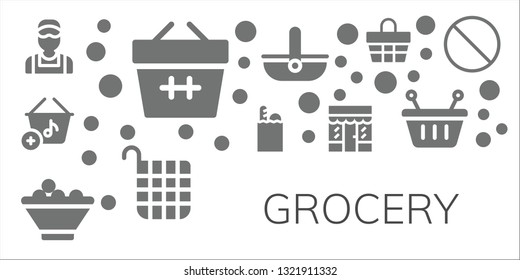 grocery icon set. 11 filled grocery icons.  Collection Of - Clerk, Basket, Groceries, Fruit bowl, Grocery, Forbbiden