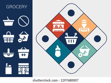  grocery icon set. 13 filled grocery icons. Simple modern icons about  - Basket, Groceries, Grocery, Forbbiden, Clerk, Aubergine