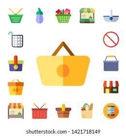 conjunto de iconos de compras. 17 iconos planos de comestibles.  Recogida de - cesta, cesta de compras, forbiden, berenjena, comestibles, estanterías