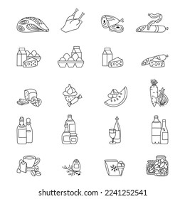 Grocery icon set black and white. Store departments simple vector illustration