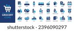 Grocery icon set. Containing milk, eggs, bread, butter, flour, cereals, snacks, toilet paper, detergent and more. Solid vector icons collection.
