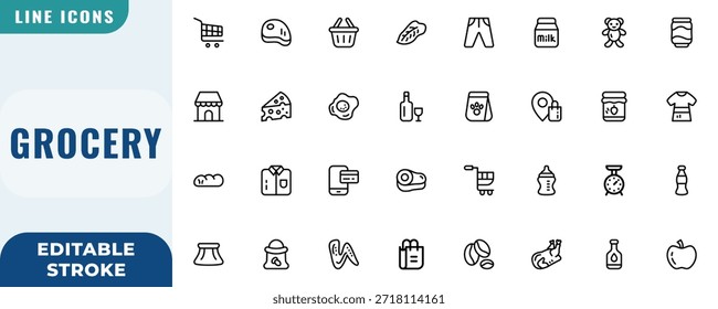 Conjunto de iconos de supermercado. Conjunto de Vectores de trazo editable. Icono de línea.