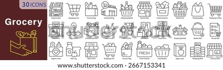 Grocery Icon Set in Line Style with Editable Vector for Shopping, Food, Supermarket, and Retail Store
