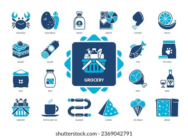 Grocery icon set. Seafoods, Water, Toast Bread, Pet Food, Sweets, Fruits, Desert, Fish. Duotone color solid icons