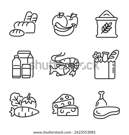 Grocery icon set. Grocery shop, store, supermarket, mart, flea market. Editable line width