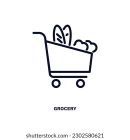 icono de compras. Icono delgado de la tienda de comestibles de la colección de comercio y marketing. Vector de contorno aislado en fondo blanco. El símbolo de comestibles editable se puede usar web y móvil