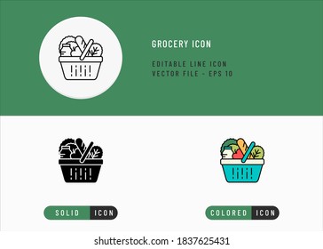 Los iconos de la abarrotación establecen la ilustración del vector de trazo editable. Símbolo de la bolsa del carrito de comida. Estilo de línea de iconos en un fondo aislado para la aplicación móvil, el diseño web y la presentación.