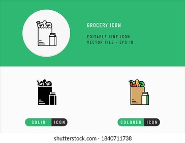 Los iconos de la abarrotación establecen la ilustración del vector de trazo editable. Símbolo de la bolsa del carrito de comida. Estilo de línea de iconos en un fondo aislado para la aplicación móvil, el diseño web y la presentación.
