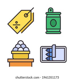 Grocery icons set (Filled Line) = tag discount, soda, eggs, tuna. Perfect for website mobile app, app icons, presentation, illustration and any other projects.