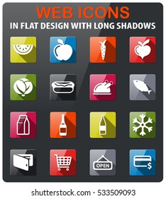 Grocery icons set in flat design with long shadow
