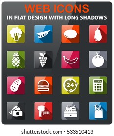 Grocery icons set in flat design with long shadow