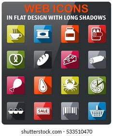 Grocery icons set in flat design with long shadow