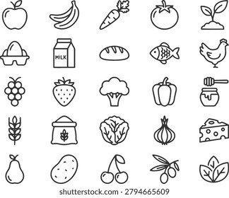 Grocery icons set isolated, apple, banana, milk, bread, fish, chicken, egg.