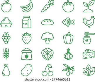 Grocery icons set isolated, apple, banana, milk, bread, fish, chicken, egg.