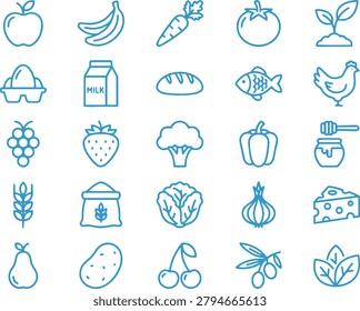 Grocery icons set isolated, apple, banana, milk, bread, fish, chicken, egg.