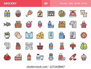 Grocery icons set. Line color set of vector. Can used for digital product, presentation, UI and many more.