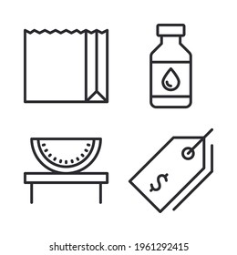 Grocery icons set = paper bag, bottle water, watermelon, price tag. Perfect for website mobile app, app icons, presentation, illustration and any other projects.