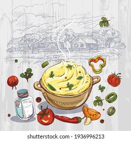 Grocery illustration, mashed potatoes with vegetables and herbs on the background of the outline drawing of rural houses and village, wooden texture background