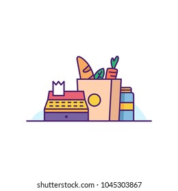 Grocery illustration vector isolated with paper bag full of grocery, cashier machine and mineral water, suitable for your grocery or market content