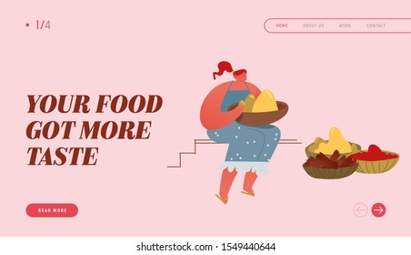 Grocery Ingredients for Cooking Traditional Meals and Holi Festival Website Landing Page. Woman Selling Fresh Exotic Food Spice on Seasoning Market Web Page Banner. Cartoon Flat Vector Illustration