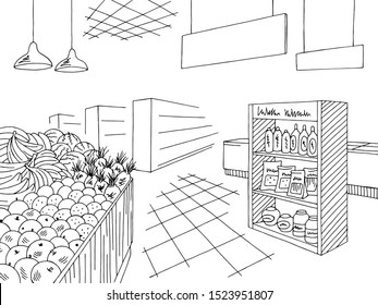 Grocery Interior Store Shop Black White Graphic Sketch Illustration Vector